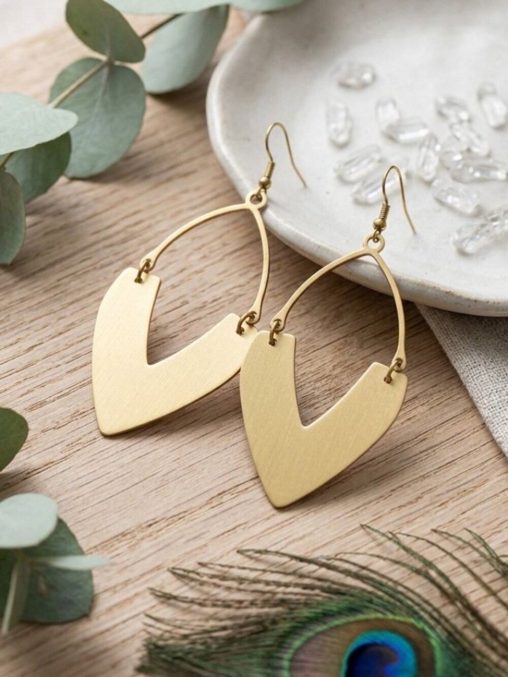 Handcrafted Indian Artisan Antique Gold Brass Geometric V Drop Dangle Earrings